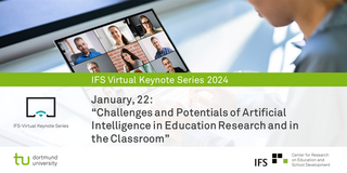 Person mit Laptop bei einer Online-Konferenz mit dem Banner der IFS-Virtual Keynote Series 2024