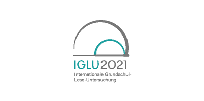 Grauer und türkiser Bogen mit darunterliegenden türkis-grauen Schriftzug des Projektnamens IGLU 2021 Internationale Grundschul-Lese-Untersuchung