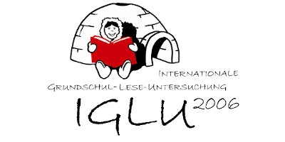 Iglu mit sitzenden Kind und roten Buch, sowie schwarzer Schriftzug des Projektnamens Internationale Grundschul-Lese-Untersuchung IGLU 2006