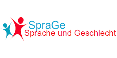 Jeweils eine blaue und rote Figur, sowie der blau-rote Schriftzug des Projektnamens SpraGe Sprache und Geschlecht
