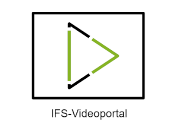 Schwarzes Rechteck mit schwarz-grünen Linien, die ein Dreieck bilden, und darunter der Schriftzug IFS-Videoportal
