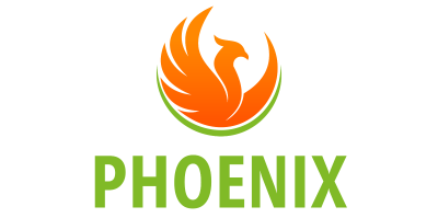 Ein orangener, stilisierter Phönix über einen grünen Schriftzug PHOENIX