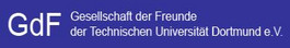 Weißer Schriftzug auf dunkelblauem Grund des Förderers Gesellschaft der Freunde der Technischen Universität Dortmund e.V.