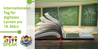 Projektlogos SPEAK und Lese:Kids auf der linken Seite und ein aufgeschlagenes Buch, welches an einem Laptop angelehnt ist auf der anderen Seite