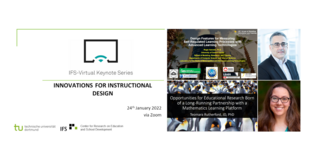Innovations for Instructional Design Collage der Veranstaltung IFS-Virtual Keynote Series mit den Startfolien der beiden Vorträge, sowie Porträts der zwei Vortragenden.