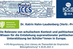 Titelbild der Veranstaltung IFS-Ringvorlesung Civic Literacy als Themenfeld der Empirischen Bildungsforschung vom 20.05.2021 mit dem dunkelblauen Schriftzug Dr. Katrin Hahn-Laudenberg (Vertr.-Prof.), Die Relevanz von schulischem Kontext und politischem Wissen für die Entstehung supranationaler politischer Unterstützung bei Schüler*innen in Europa