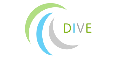 DIVE Drei farbig geschwungene Linien in grün, blau und grau mit gleichbunten Schriftzug DIVE