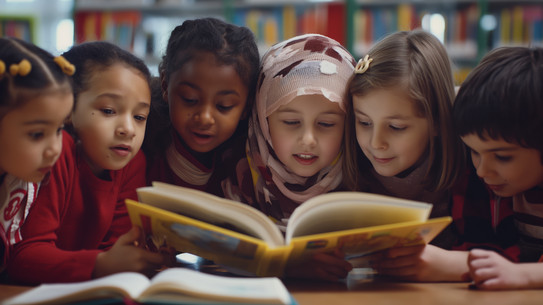 Mehrere Grundschulkinder sitzen um ein aufgeschlagenes Buch und lesen gemeinsam