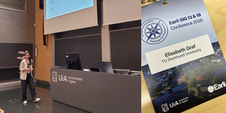 Dr. Elisabeth Graf hält ihre Keynote, daneben ein Foto ihrer Badge
