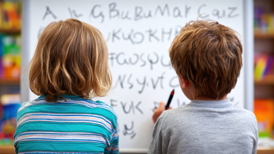 Zwei Grundschulkinder stehen vor einem Whiteboard und schreiben darauf mit einem Stift