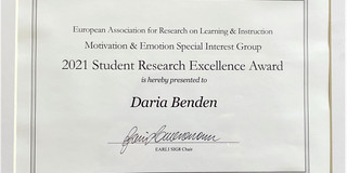 EARLI SIG8 Student Research Excellence Award Urkunde an Daria Benden über den Erhalt des 2021 Student Research Excellence Award