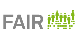 Grauer Schriftzug des Projektnamens FAIR und grüne, menschliche Symbole