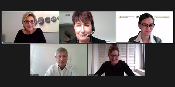 Screenshot zur digitalen Veranstaltung des 5. Bildungsdialogs mit fünf Personenkacheln