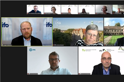 7. Dortmunder Symposium Plenumsdiskussion Screenshot der Plenumsdiskussion mit Kacheln von Ludger Wößmann, Corinna Kleinert, Andreas Frey, Knut Neumann und Armin Himmelrath