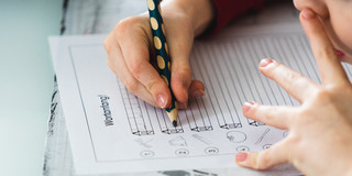 Ein Grundschulkind bearbeitet mit Bleistift ein Übungsblatt.