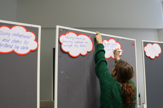 Teilnehmende pinnt Textblasen an ein Board