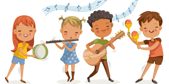 Musik und Kreativität Zeichnung von vier musizierenden Kindern