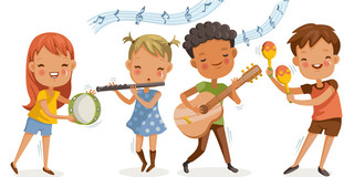 Zeichnung von vier musizierenden Kindern