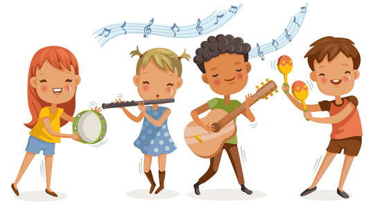 Zeichnung von vier musizierenden Kindern