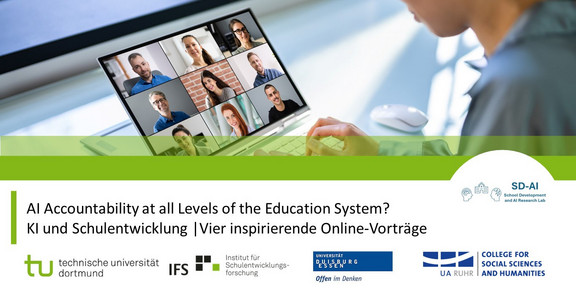 Bild mit einem Laptop, auf dem ein Online-Vortrag zu sehen ist und  folgender Text: AI Accountability at all Levels of the Education System? KI und Schulentwicklung |Vier inspirierende Online-Vorträge