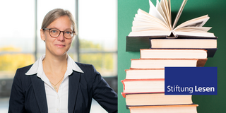 Stiftung Lesen Porträtfoto von Nele McElvany neben dem Logo der Stiftung Lesen und einem Bücherstapel als Hintergrund
