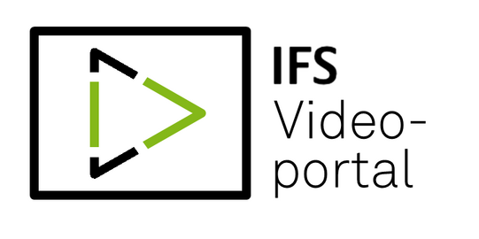 Schwarzes Rechteck mit schwarz-grünen Linien, die ein Dreieck bilden, und daneben der Schriftzug IFS Videoportal