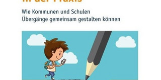 Illustration eines Schulkindes, das über einen Abgrund läuft, während ein Bleistift eine Brücke unter seinen Füßen einzeichnet, und der Schriftzug Kommunales Übergangsmanagement in der Praxis, wie Kommunen und Schulen Übergänge gemeinsam gestalten können.