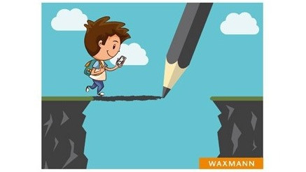 Illustration eines Schulkindes, das über einen Abgrund läuft, während ein Bleistift eine Brücke unter seinen Füßen einzeichnet, und der Schriftzug Kommunales Übergangsmanagement in der Praxis, wie Kommunen und Schulen Übergänge gemeinsam gestalten können.