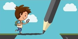 Kommunales Übergangsmanagement Illustration eines Schulkindes, das über einen Abgrund läuft, während ein Bleistift eine Brücke unter seinen Füßen einzeichnet, und der Schriftzug Kommunales Übergangsmanagement in der Praxis, wie Kommunen und Schulen Übergänge gemeinsam gestalten können.
