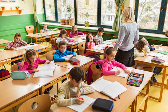 Foto einer Schulklasse, in welcher die Schülerinnen und Schüler Aufgaben bearbeiten