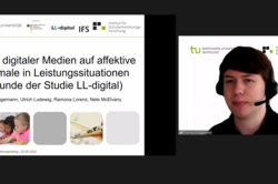 Kachelansicht von Thomas Brüggemann rechts und links die Startfolie seines Vortrags