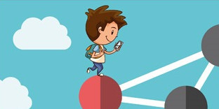 Schulische Vernetzung Illustration eines Schulkindes auf einem vernetzten Gerüst und der rot-schwarze Schriftzug Schulische Vernetzung in der Praxis, wie Schulen Unterricht gemeinsam entwickeln können