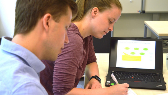 Zwei Personen bei der Arbeit am Laptop