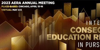 Banner der AERA, goldene Balken auf schwarzem Hintergrund mit Text und Informationen über die Konferenz