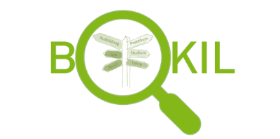 Grüner Schriftzug BOKIL, wo das "O" durch eine Lupe dargestellt wird, die einen Wegweiser abbildet