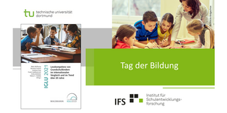 Links das Cover des IGLU 2021 Bandes und rechts ein Bild, in dem eine Lehrkraft Lernenden etwas am Tisch erzählt