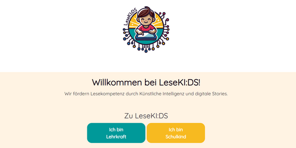 Lese-KI:DS Screenshot der Webseite vom LeseKI:DS-Projekt mit der Grafik eines Kindes am Computer umgeben von einem kreisrunden Schaltkreis