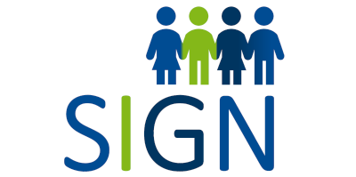 Vier blau-grüne Figuren mit darunterliegenden blau-grünen Schriftzug des Projektnamens SIGN