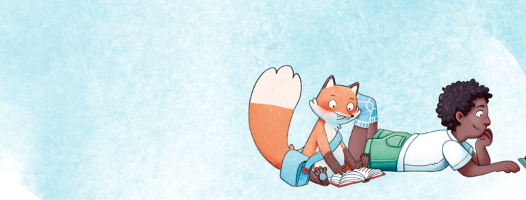 IGLU Gezeichnete Abbildungen von zwei Kindern und einem Fuchs beim Lesen am Tablet und Buch.