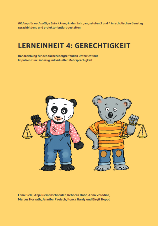 Ein Panda und ein Koala halten eine Waage in der Hand-Abbild der Lerneinheit 4 (Gerechtigkeit) KoPaS