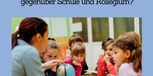 Lehrercommitment Blauer Hintergrund mit schwarzen Schriftzug "Lehrercommitment, Wie verbunden fühlen sich Lehrkräfte gegenüber Schule und Kollegium?" mit darunterliegenden Foto einer Lehrerin und einer Gruppe aus Grundschulkindern im Klassenraum.