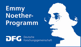 Blauer Hintergrund und Porträt von Emmy Noether mit weißen Schriftzug Emmy Noether-Programm. DFG Deutsche Forschungsgemeinschaft