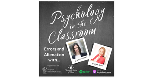 Weißer Schriftzug Psychology in the Classroom mit zwei Fotos von Dr. Gabriele Steuer und Dr. Alyssa Grecu