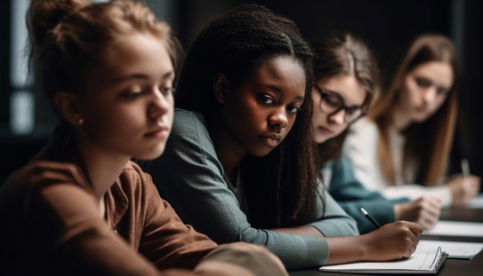 Eine von einer KI generierte Gruppe von Schulkindern verschiedener ethnischer Herkunft, die beim Lernen in einem Raum lächeln