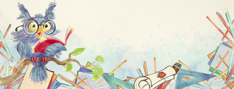 Aquarellbild von gezeichneter Leseeule mit Brille und Buch, an den Rändern Stifte