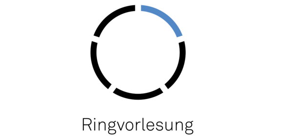 Ringvorlesung Schwarzer Schriftzug Ringvorlesung und darüber das Logo der Veranstaltung als ein schwarz-blauer Kreis