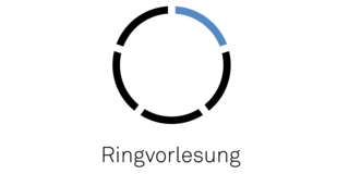 Ringvorlesung Schwarzer Schriftzug Ringvorlesung und darüber das Logo der Veranstaltung als ein schwarz-blauer Kreis