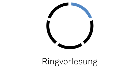 Schwarzer Schriftzug Ringvorlesung und darüber das Logo der Veranstaltung als ein schwarz-blauer Kreis