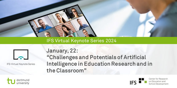 Person mit Laptop bei einer Online-Konferenz mit dem Banner der IFS-Virtual Keynote Series 2024