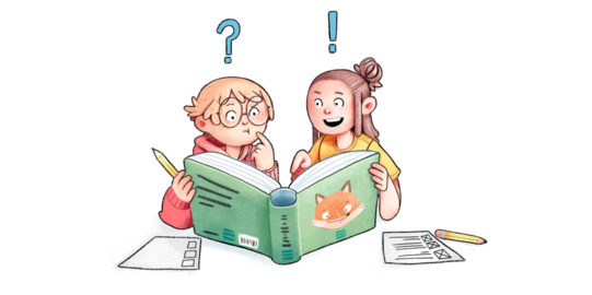 Leseförderung Zwei gezeichnete Kinder lesen gemeinsam in einem Buch.